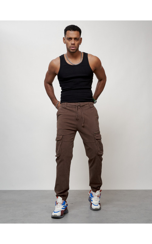 Мужские брюки карго коричневого цвета с накладными карманами в Тюмени