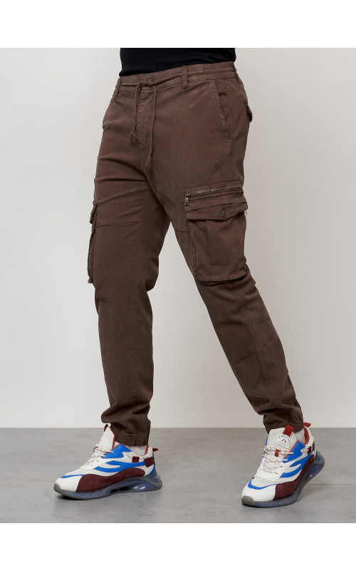 Мужские брюки карго коричневого цвета с накладными карманами в Тюмени