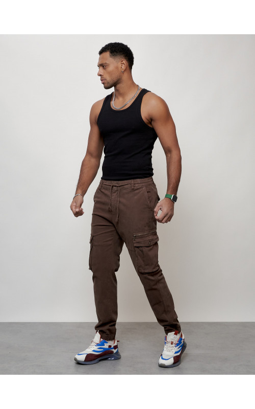 Мужские брюки карго коричневого цвета с накладными карманами в Тюмени