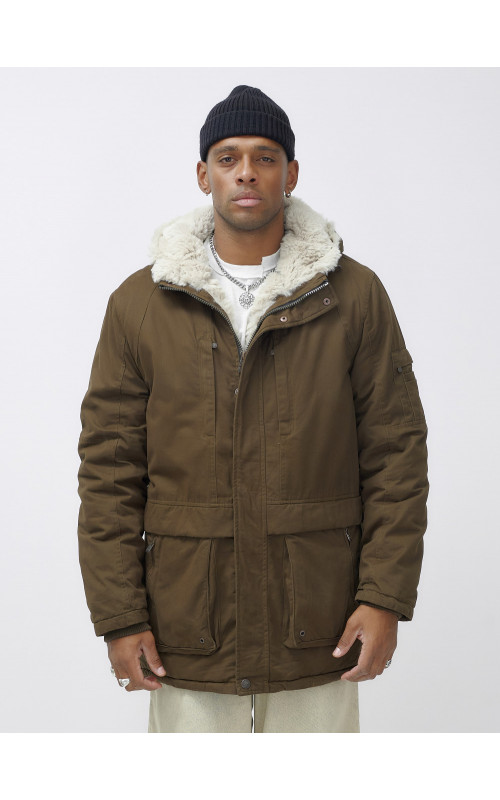 Мужская зимняя удлиненная парка с мехом, тёмно-шоколадового цвета. в Тюмени