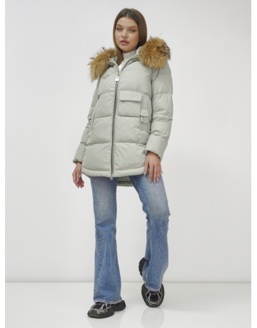 Пуховик женский зимний с мехом енота премиум светло-зелёный в Тюмени