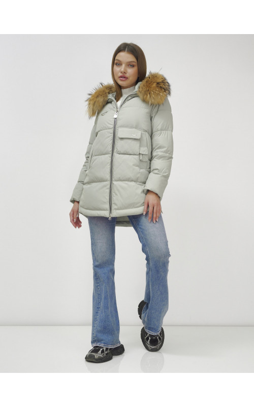 Пуховик женский зимний с мехом енота премиум светло-зелёный в Тюмени
