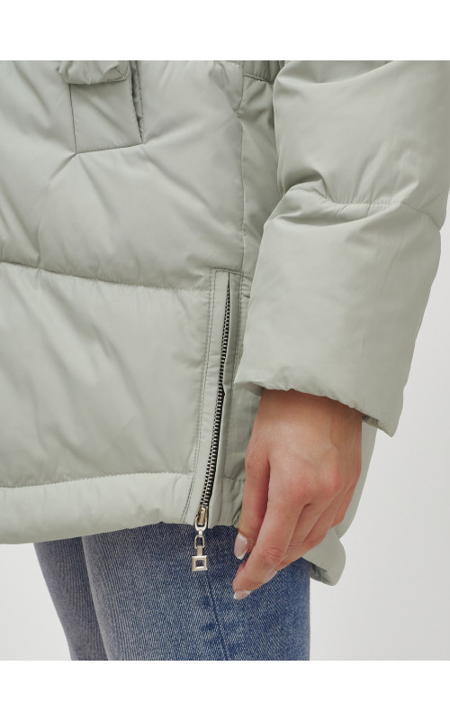 Пуховик женский зимний с мехом енота премиум светло-зелёный в Тюмени