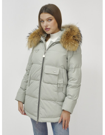 Пуховик женский зимний с мехом енота премиум светло-зелёный в Тюмени
