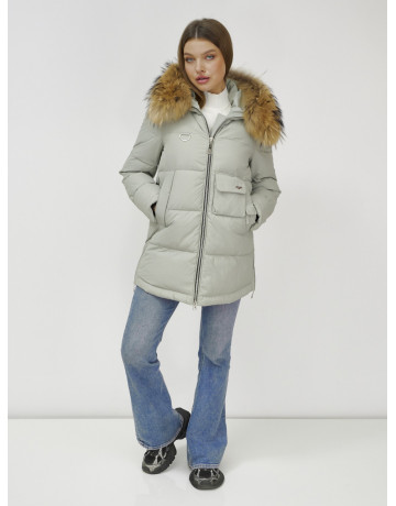 Пуховик женский зимний с мехом енота премиум светло-зелёный в Тюмени