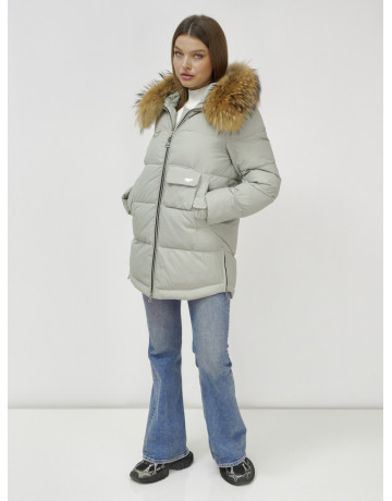 Пуховик женский зимний с мехом енота премиум светло-зелёный в Тюмени