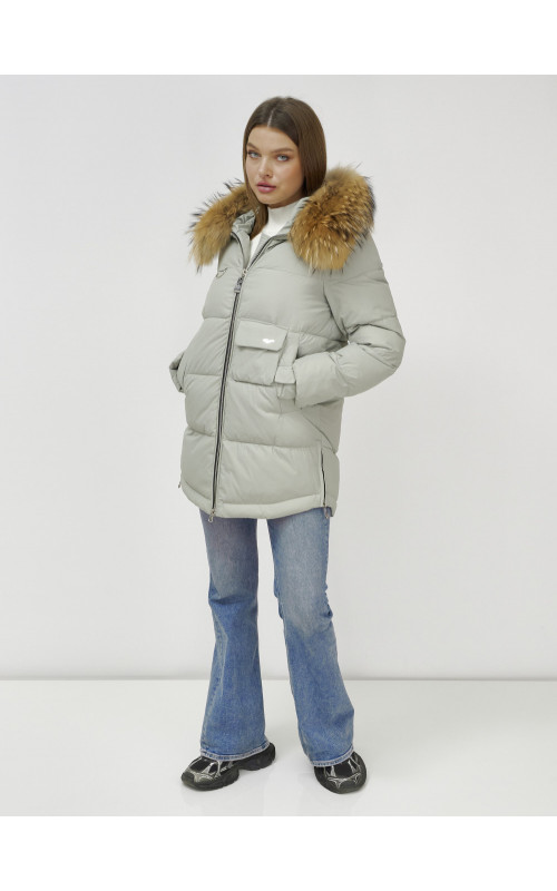 Пуховик женский зимний с мехом енота премиум светло-зелёный в Тюмени
