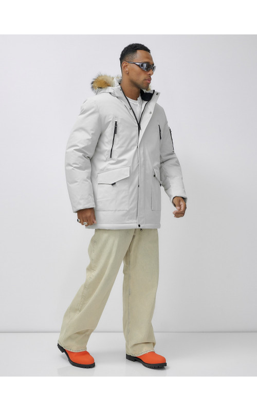 Мужская зимняя удлиненная парка с мехом, светло-серая в Тюмени