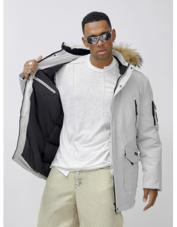 Мужская зимняя удлиненная парка с мехом, светло-серая в Тюмени