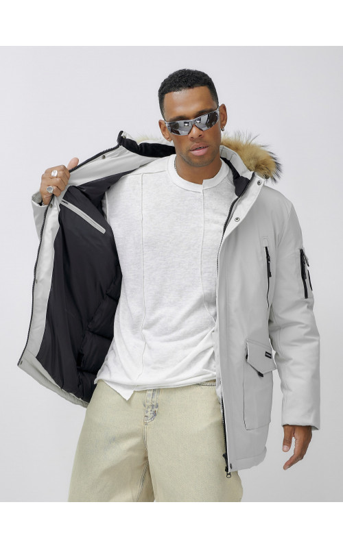 Мужская зимняя удлиненная парка с мехом, светло-серая в Тюмени
