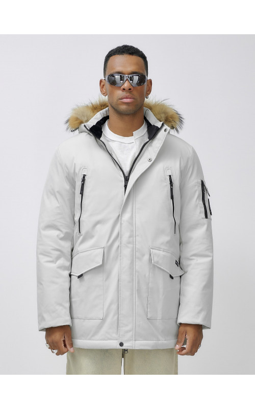 Мужская зимняя удлиненная парка с мехом, светло-серая в Тюмени
