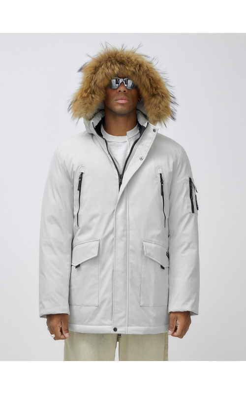 Мужская зимняя удлиненная парка с мехом, светло-серая в Тюмени