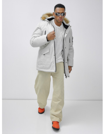 Мужская зимняя удлиненная парка с мехом, светло-серая в Тюмени