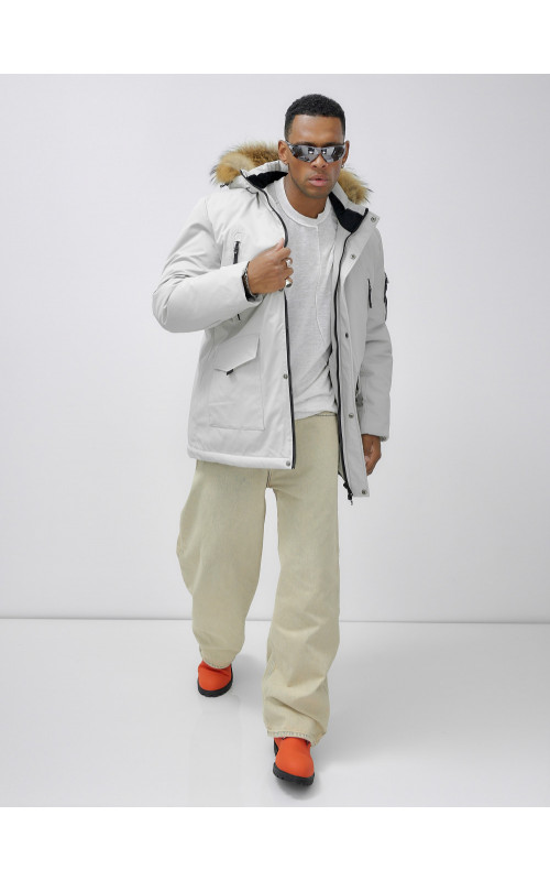 Мужская зимняя удлиненная парка с мехом, светло-серая в Тюмени