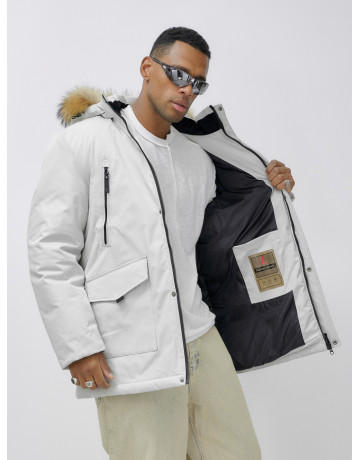 Мужская зимняя удлиненная парка с мехом, светло-серая в Тюмени