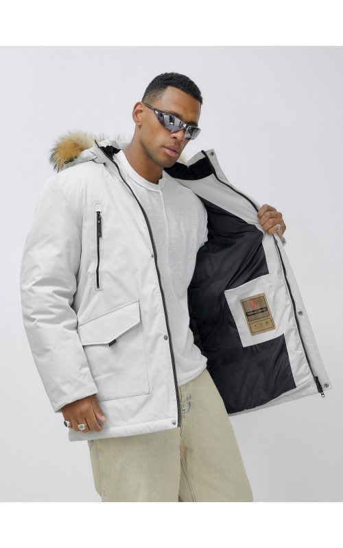 Мужская зимняя удлиненная парка с мехом, светло-серая в Тюмени