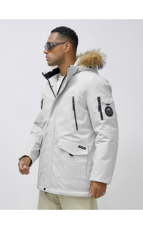Мужская зимняя удлиненная парка с мехом, светло-серая в Тюмени