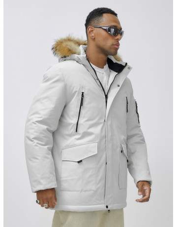 Мужская зимняя удлиненная парка с мехом, светло-серая в Тюмени