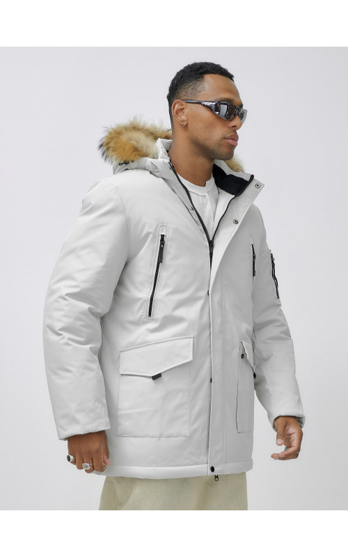 Мужская зимняя удлиненная парка с мехом, светло-серая в Тюмени