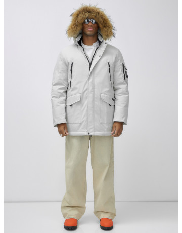 Мужская зимняя удлиненная парка с мехом, светло-серая в Тюмени