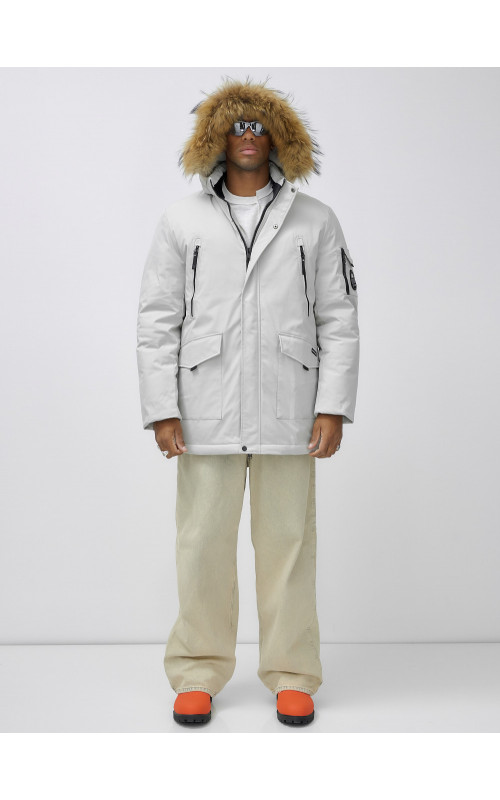 Мужская зимняя удлиненная парка с мехом, светло-серая в Тюмени