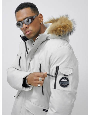 Мужская зимняя удлиненная парка с мехом, светло-серая в Тюмени