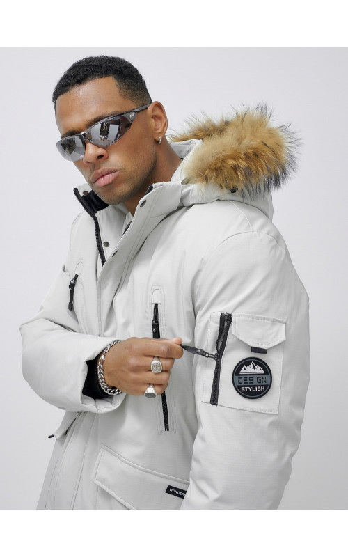 Мужская зимняя удлиненная парка с мехом, светло-серая в Тюмени