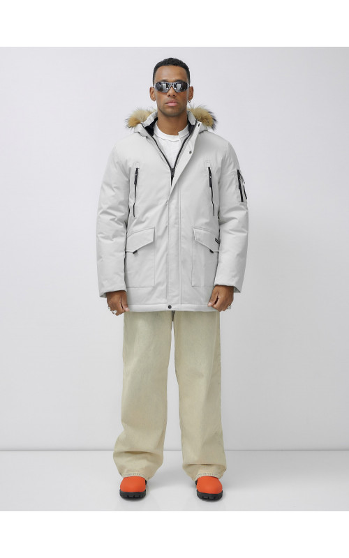 Мужская зимняя удлиненная парка с мехом, светло-серая в Тюмени