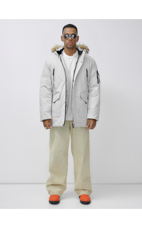 Мужская зимняя удлиненная парка с мехом, светло-серая в Тюмени