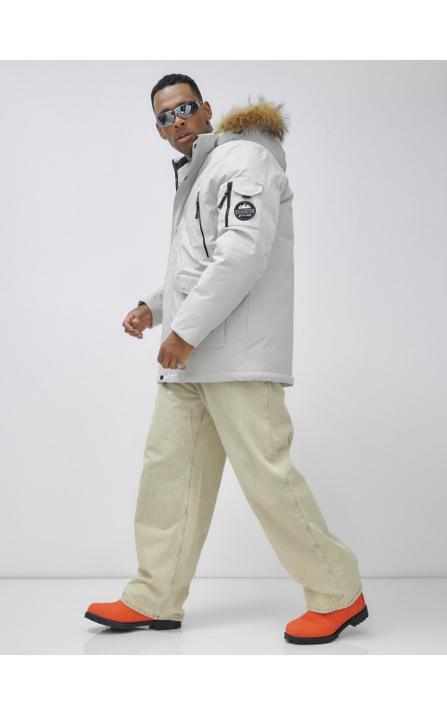 Мужская зимняя удлиненная парка с мехом, светло-серая в Тюмени