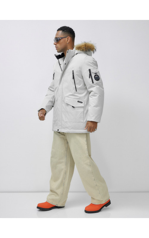 Мужская зимняя удлиненная парка с мехом, светло-серая в Тюмени