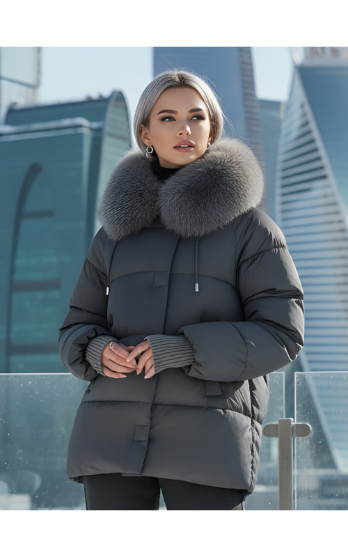 Пуховик с мехом песца, зима 2025, свободный крой