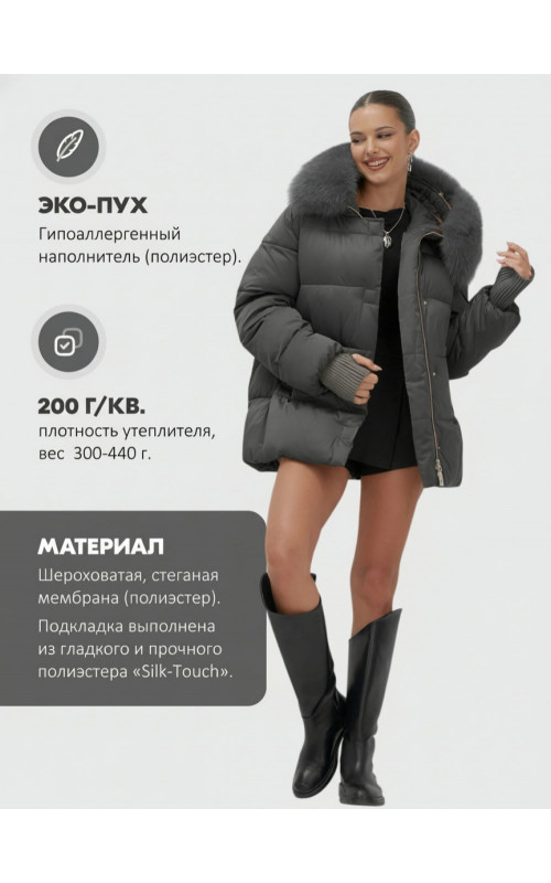 Пуховик с мехом песца, зима 2025, свободный крой
