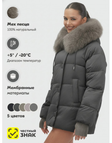 Пуховик с мехом песца, зима 2025, свободный крой