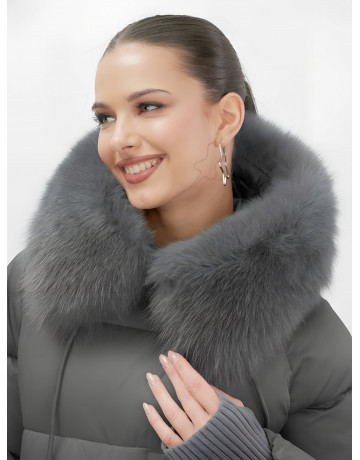 Пуховик с мехом песца, зима 2025, свободный крой