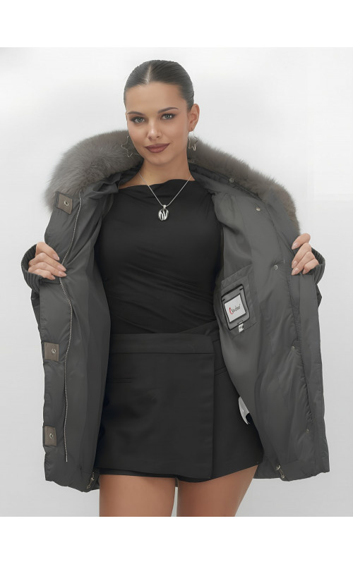 Пуховик с мехом песца, зима 2025, свободный крой