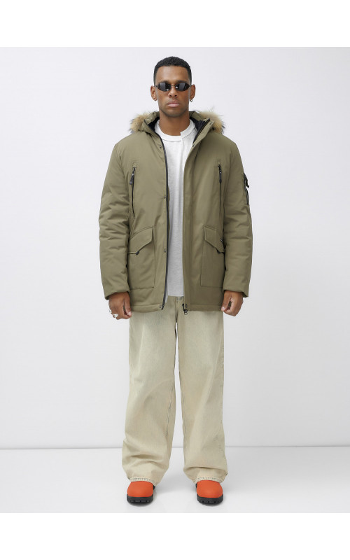 Мужская зимняя парка с мехом, бежевая, удлинённая. в Тюмени