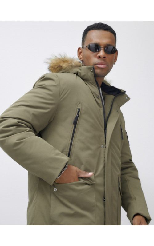 Мужская зимняя парка с мехом, бежевая, удлинённая. в Тюмени