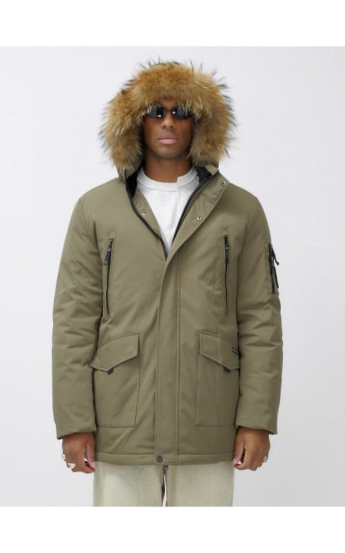 Мужская зимняя парка с мехом, бежевая, удлинённая. в Тюмени