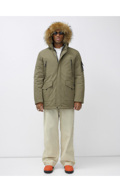 Мужская зимняя парка с мехом, бежевая, удлинённая. в Тюмени