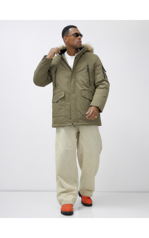 Мужская зимняя парка с мехом, бежевая, удлинённая. в Тюмени