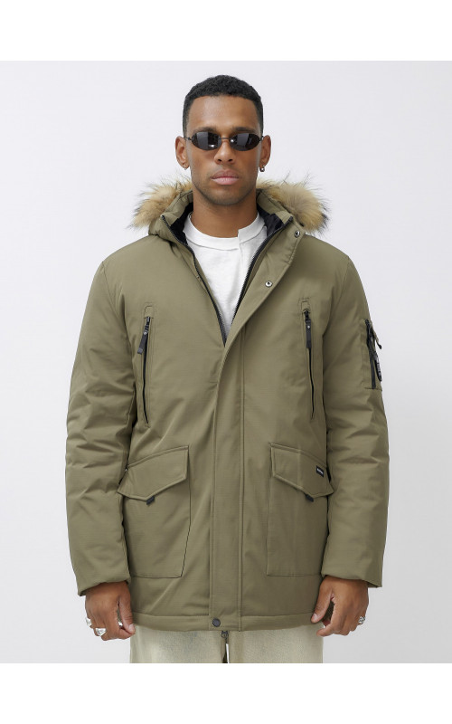 Мужская зимняя парка с мехом, бежевая, удлинённая. в Тюмени