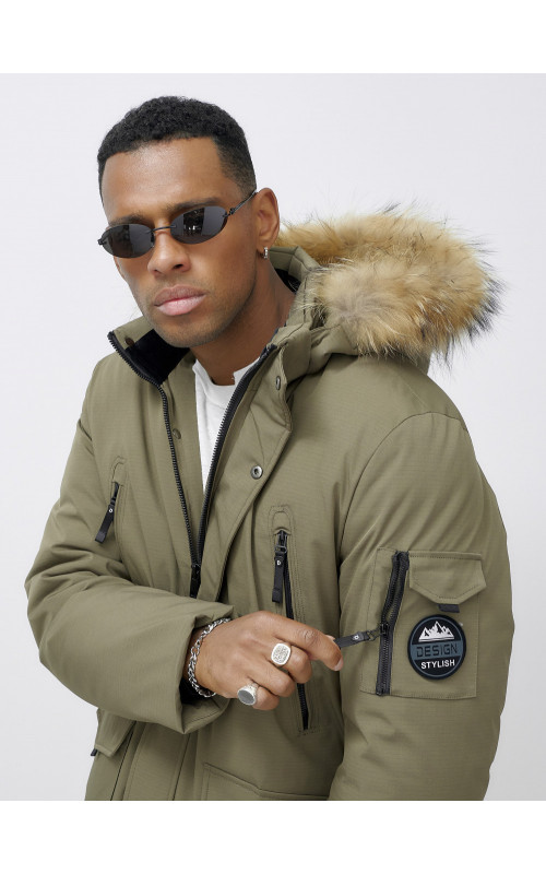 Мужская зимняя парка с мехом, бежевая, удлинённая. в Тюмени