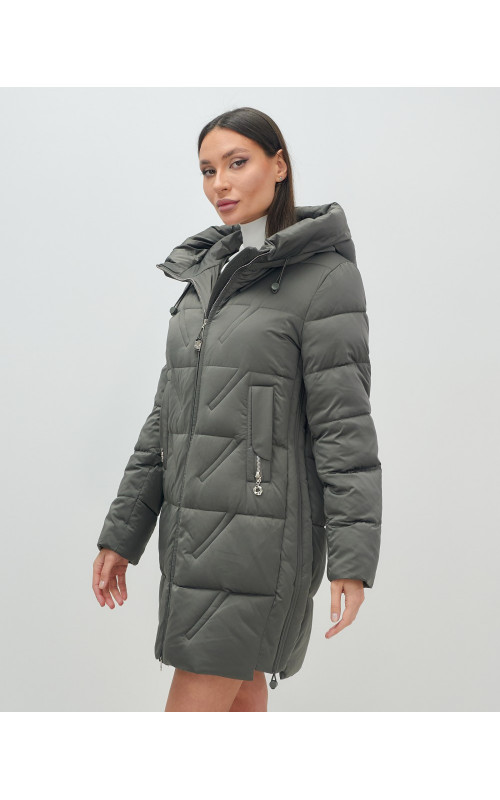 Женский зимний пуховик с капюшоном, тёмно-серый. в Тюмени