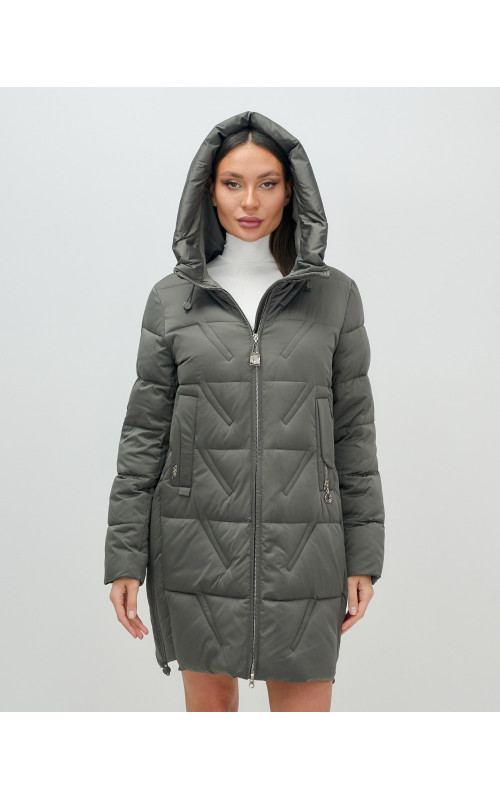 Женский зимний пуховик с капюшоном, тёмно-серый. в Тюмени