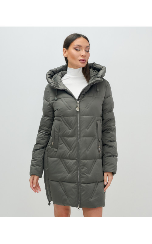 Женский зимний пуховик с капюшоном, тёмно-серый. в Тюмени