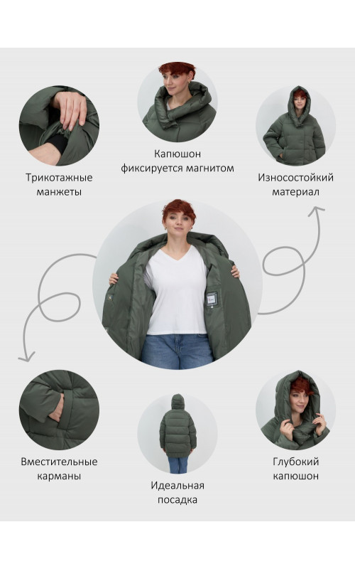Пуховик зимний женский с капюшоном, хаки. в Тюмени