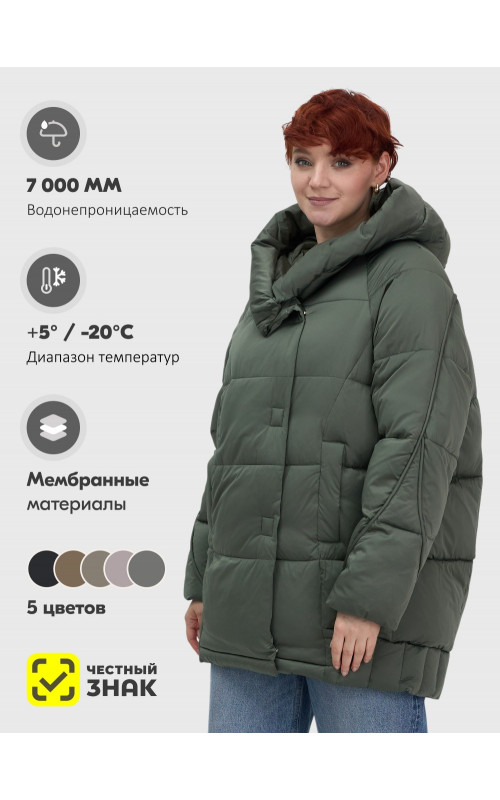 Пуховик зимний женский с капюшоном, хаки. в Тюмени