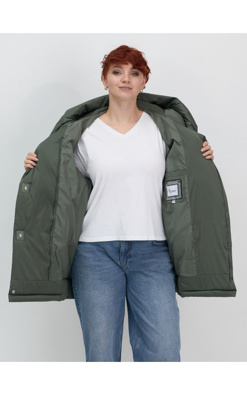 Пуховик зимний женский с капюшоном, хаки. в Тюмени