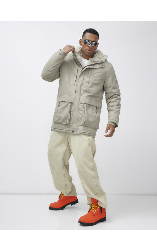 Мужская зимняя удлиненная парка с мехом, бежевый, для активного отдыха в Тюмени